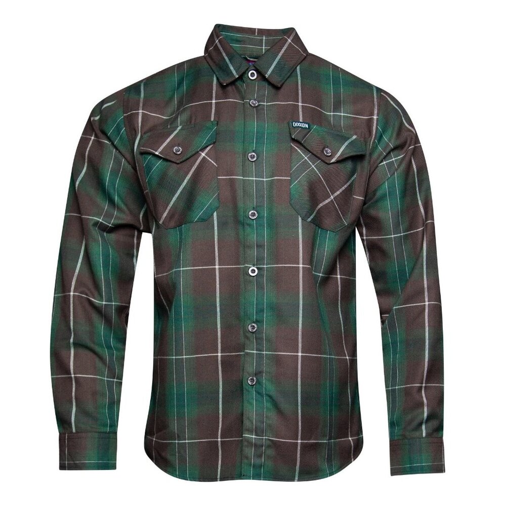 Dixxon Twin Palms Dancun Green Brown Plaid Flannel Long Sleeve Shirt